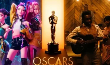Cena combinada de Guerreiras do K-Pop e Pecadores dividida pela estatueta do Oscar, representando a disputa de Melhor Canção Original no Oscar 2026.