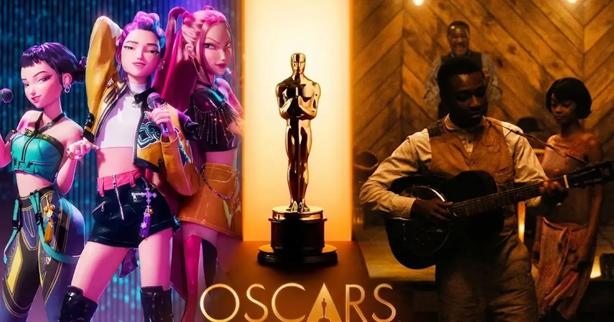 Cena combinada de Guerreiras do K-Pop e Pecadores dividida pela estatueta do Oscar, representando a disputa de Melhor Canção Original no Oscar 2026.