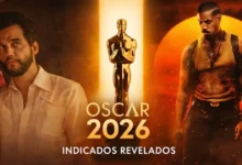 Arte promocional do Oscar 2026 com Wagner Moura, Michael B. Jordan e a estatueta do Oscar ao centro.