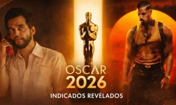 Arte promocional do Oscar 2026 com Wagner Moura, Michael B. Jordan e a estatueta do Oscar ao centro.