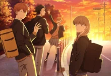 Cena do anime Parede de Gelo (Koori no Jyouheki) mostra estudantes japoneses caminhando ao entardecer, em clima melancólico, destacando o romance escolar da adaptação da Netflix.