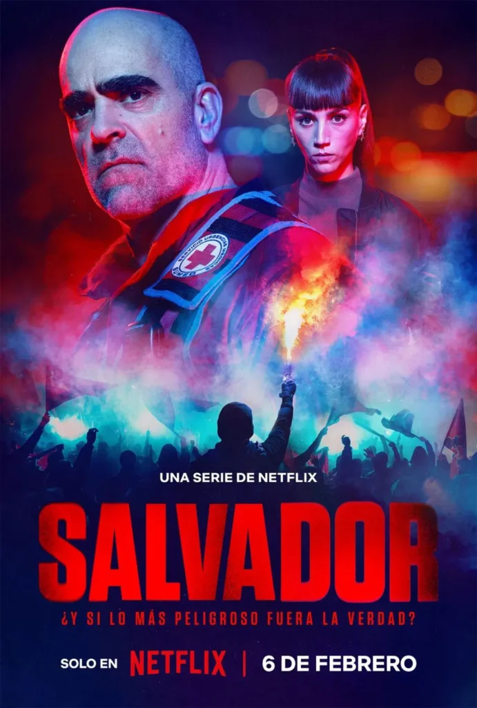 Pôster oficial da série Salvador, da Netflix, mostrando dois personagens principais em clima de tensão com fundo de protesto iluminado por fumaça colorida.
