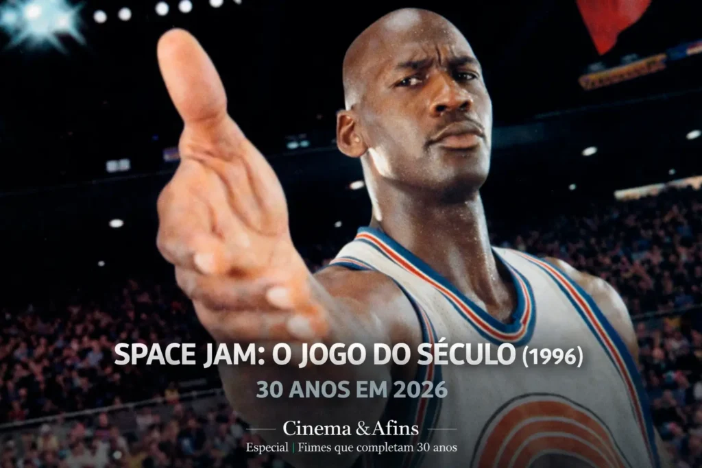 Michael Jordan em Space Jam O Jogo do Século 1996, comédia esportiva com Looney Tunes que completa 30 anos em 2026