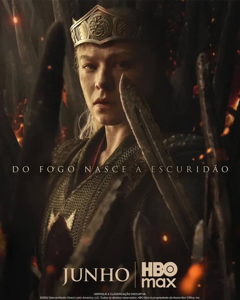 Pôster oficial da terceira temporada de A Casa do Dragão com Rhaenyra Targaryen em destaque, divulgado pela HBO Max