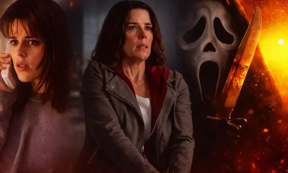 Sidney Prescott em diferentes fases da franquia Pânico, com Ghostface ao fundo simbolizando sua evolução como final girl.