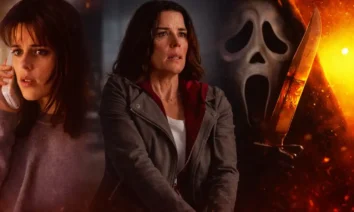 Sidney Prescott em diferentes fases da franquia Pânico, com Ghostface ao fundo simbolizando sua evolução como final girl.