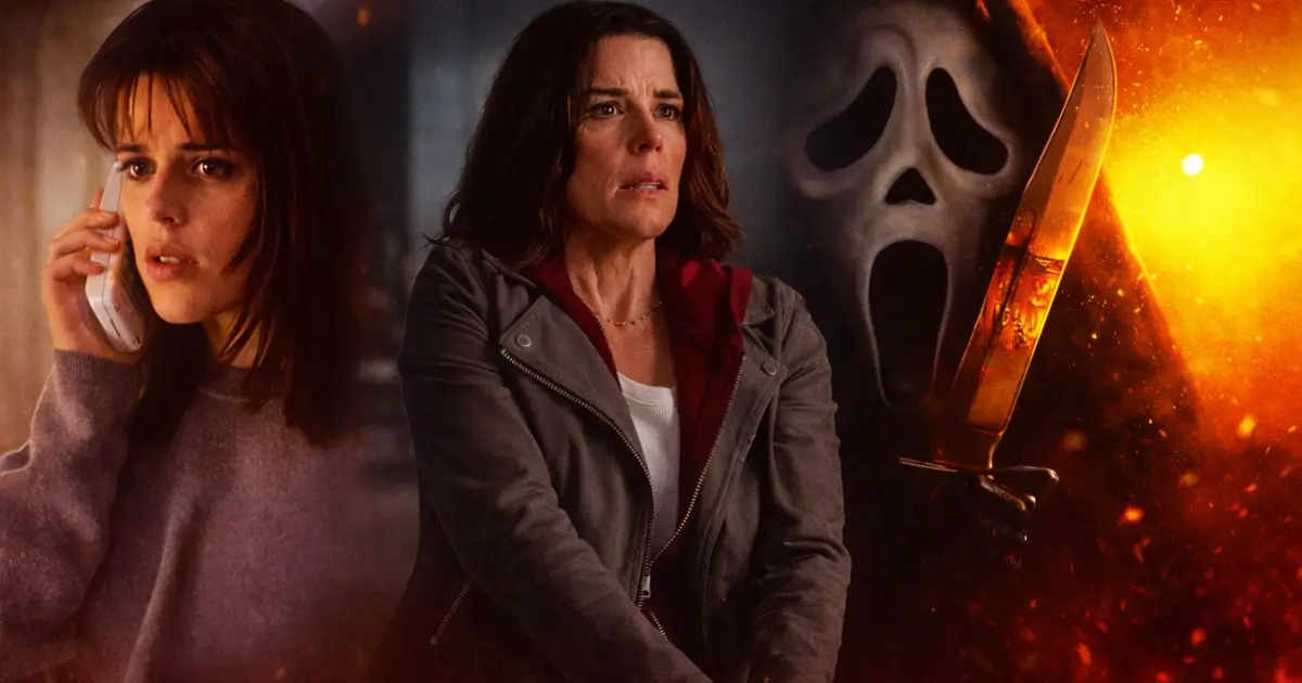 Sidney Prescott em diferentes fases da franquia Pânico, com Ghostface ao fundo simbolizando sua evolução como final girl.