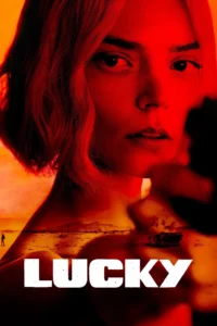 Pôster da série Lucky (2026) mostrando Anya Taylor-Joy em close com iluminação vermelha intensa e paisagem desértica ao fundo