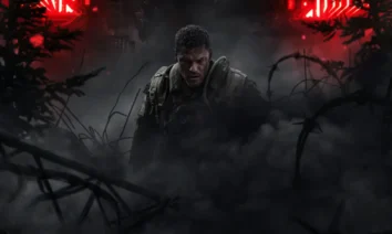 Alan Ritchson em cena intensa no filme “Máquina de Guerra” (2026), cercado por fumaça e luzes vermelhas.