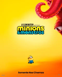 Pôster oficial de Minions e Monstros (2026) com um Minion olhando para um tentáculo gigante