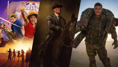 Montagem com destaques da Netflix em março de 2026, incluindo One Piece, Peaky Blinders e produções de ação.