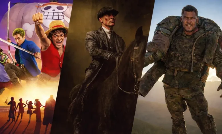Montagem com destaques da Netflix em março de 2026, incluindo One Piece, Peaky Blinders e produções de ação.