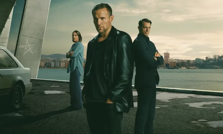 Joel Kinnaman, Tobias Santelmann e Pia Tjelta em cena da série Os Casos de Harry Hole (2026), da Netflix.
