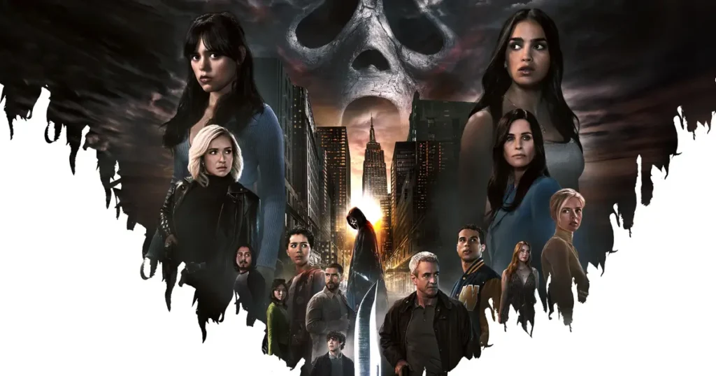 Pôster oficial de Pânico 6 destacando o novo elenco e a ausência de Sidney Prescott.