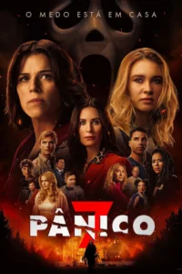 Pôster oficial de Pânico 7 com Sidney Prescott, Gale Weathers e novos personagens diante da figura de Ghostface.