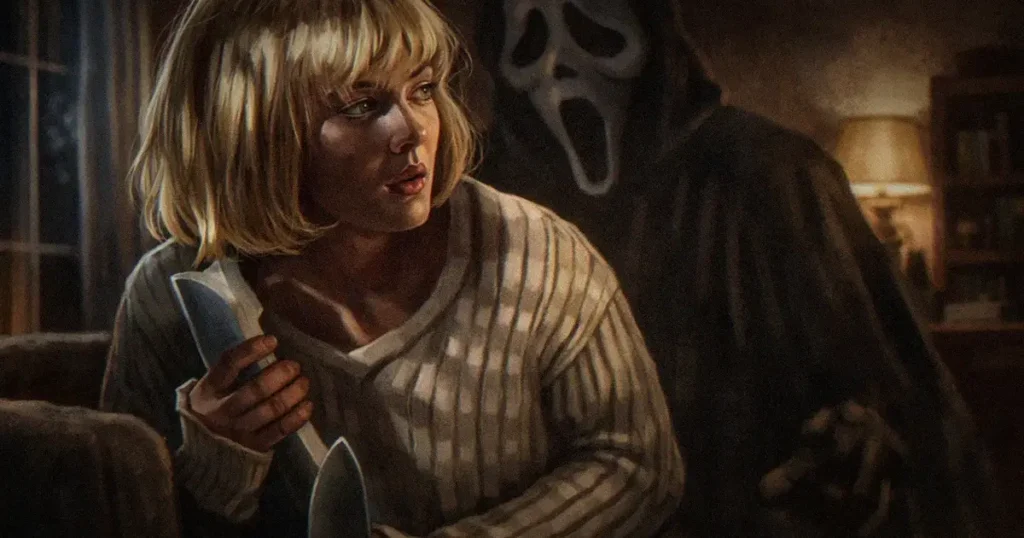 Drew Barrymore como Casey Becker sendo surpreendida por Ghostface na cena de abertura de Pânico (1996).