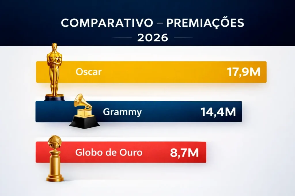 Comparativo da audiência do Oscar 2026 com Grammy e Globo de Ouro mostrando 17,9 milhões, 14,4 milhões e 8,7 milhões de espectadores