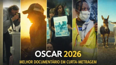 Montagem com os cinco indicados ao Oscar 2026 de Melhor Documentário em Curta-Metragem: All the Empty Rooms, Armed Only With a Camera, Children No More, The Devil Is Busy e Perfectly a Strangeness