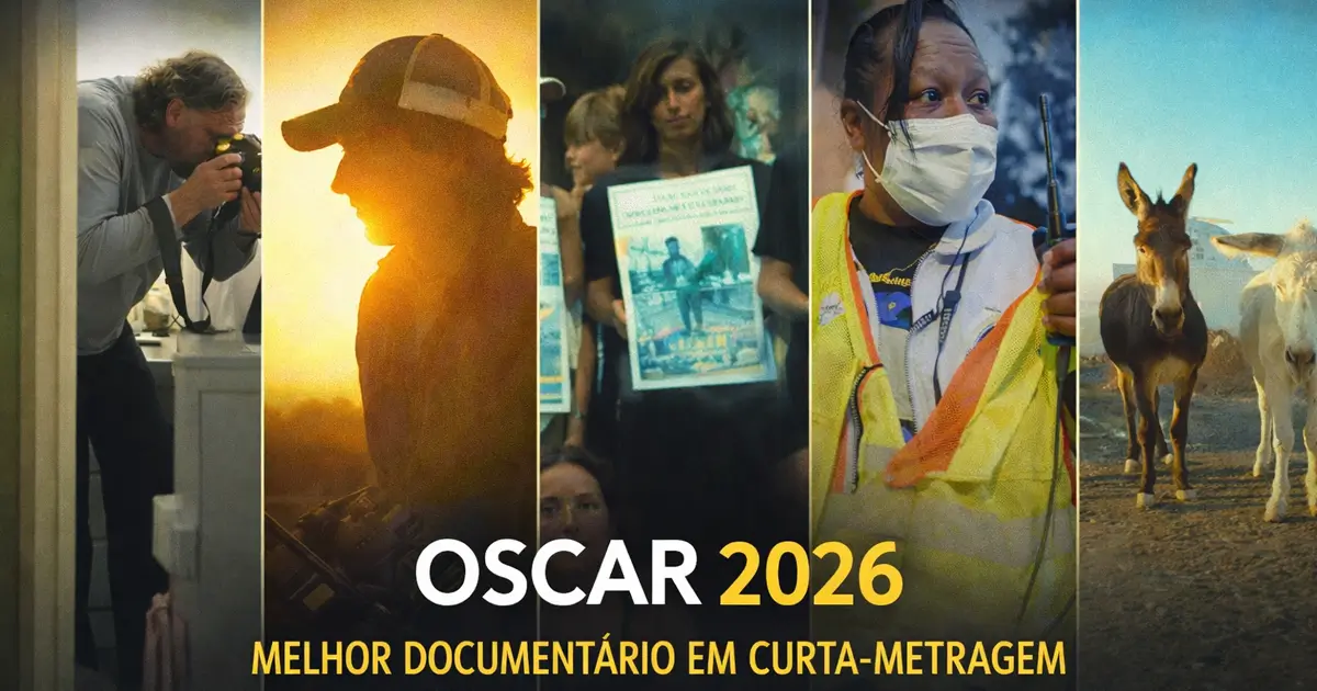 Montagem com os cinco indicados ao Oscar 2026 de Melhor Documentário em Curta-Metragem: All the Empty Rooms, Armed Only With a Camera, Children No More, The Devil Is Busy e Perfectly a Strangeness