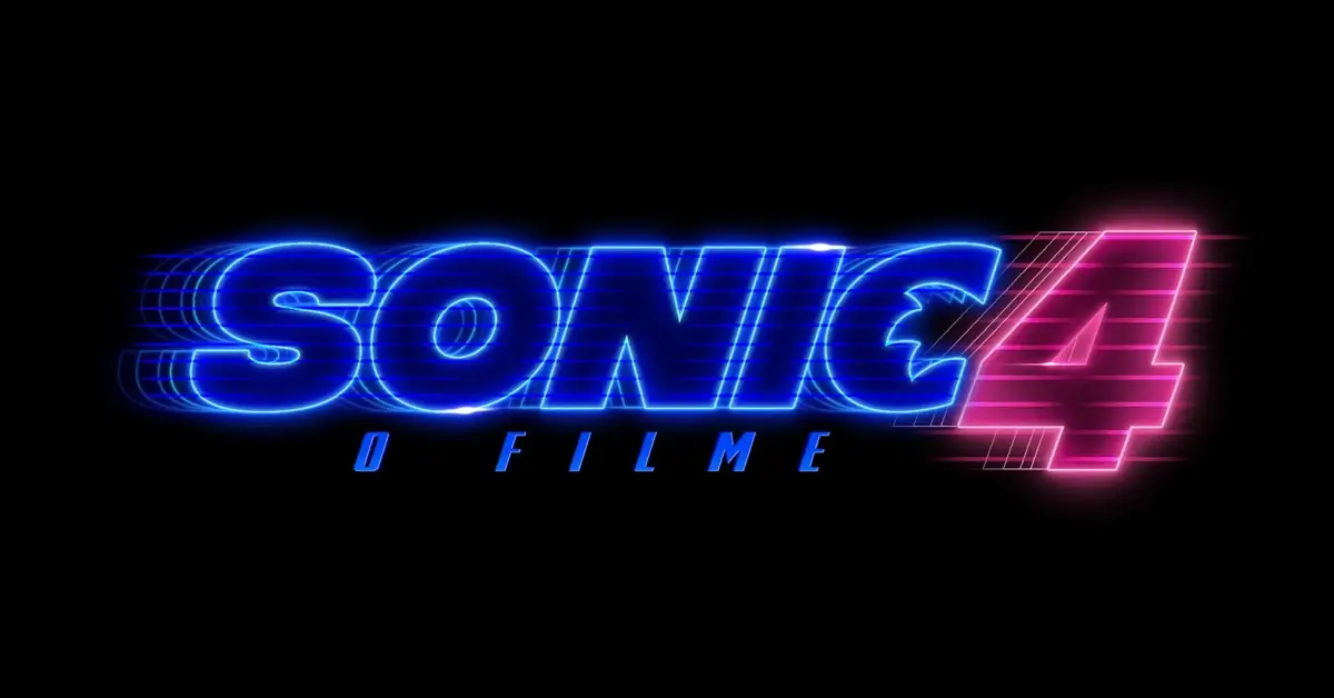 teaser de Sonic 4: O Filme com logo neon azul e rosa revelando o primeiro teaser do filme com Jim Carrey e James Marsden