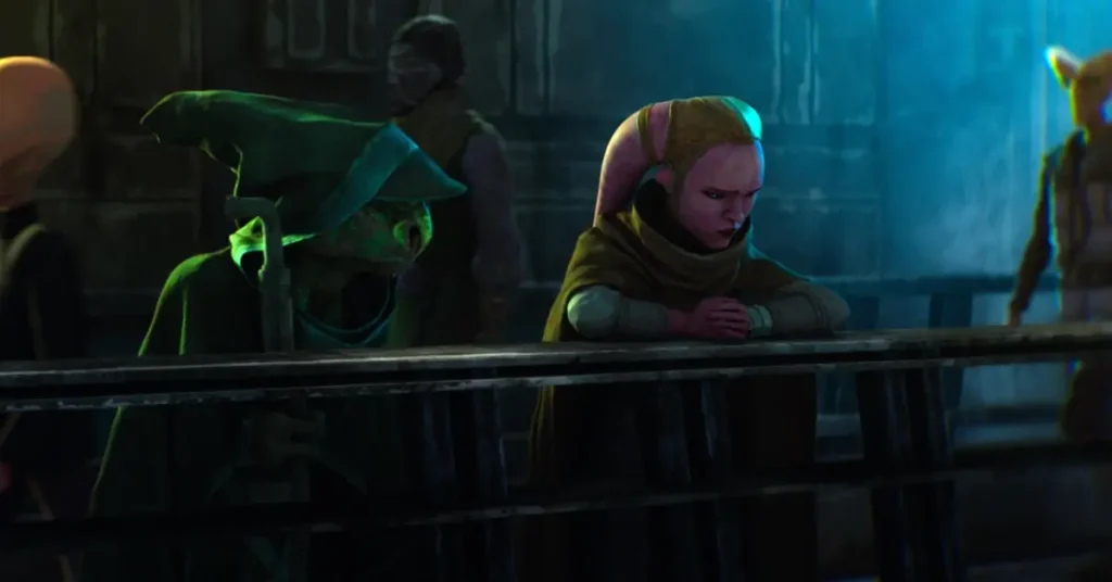 Cena do trailer da série Star Wars: Maul – Lorde das Sombras (2026) com jovem padawan e mestre Jedi