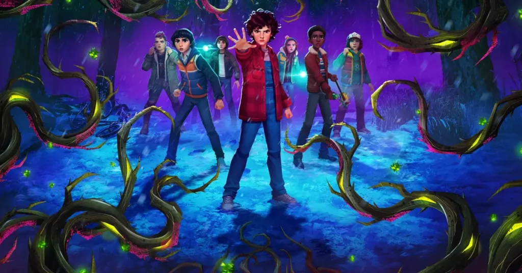 Stranger Things Histórias de 85 cena animada com Eleven e grupo enfrentando criatura no Mundo Invertido