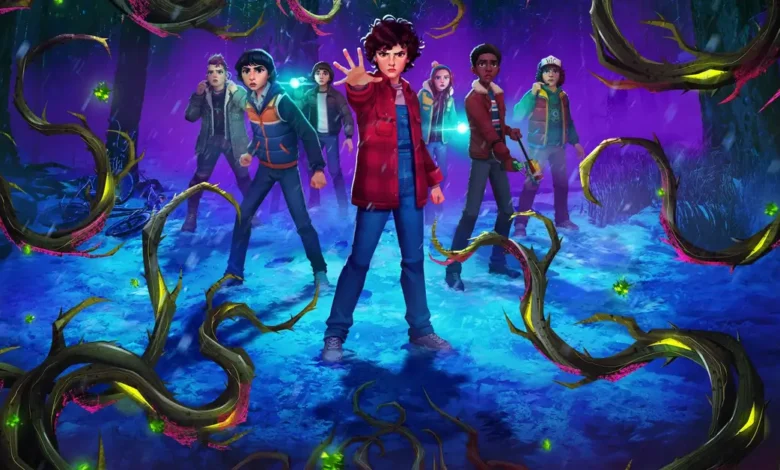 Stranger Things Histórias de 85 cena animada com Eleven e grupo enfrentando criatura no Mundo Invertido