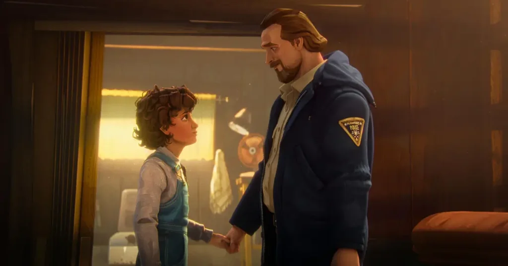 Stranger Things Histórias de 85 Eleven e Hopper cena emocional Eleven e Jim Hopper em Stranger Things Histórias de 85 durante cena emocional ambientada em Hawkins