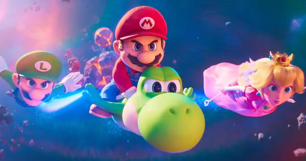 Mario voando com Yoshi ao lado de Luigi e da Princesa Peach em cena espacial do trailer final de Super