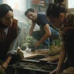Riley Chung e Greta Lee em cena do filme da Netflix com Wagner Moura “A Última Casa” (2026), personagens cultivam plantas dentro de casa