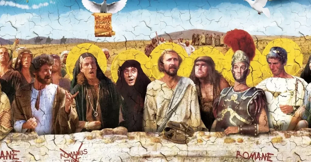 Cena de A Vida de Brian (1979) com Graham Chapman em sátira religiosa do Monty Python sobre falsos messias