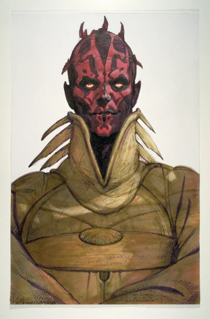 Arte conceitual inicial de Darth Maul sem chifres com penas presas à cabeça criada por Iain McCaig para Star Wars