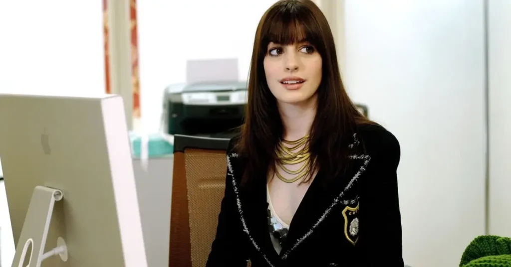Anne Hathaway como Andy Sachs no início de O Diabo Veste Prada quando ainda não era a principal escolha do estúdio
