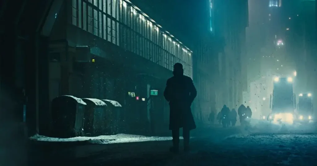 Cena de Blade Runner com personagem caminhando sozinho em rua urbana à noite, refletindo a solidão inspirada nas obras de Edward Hopper