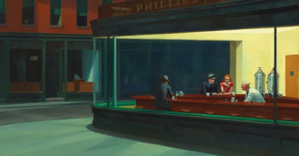 Nighthawks (1942), pintura de Edward Hopper mostrando pessoas em um diner à noite com atmosfera de solidão urbana