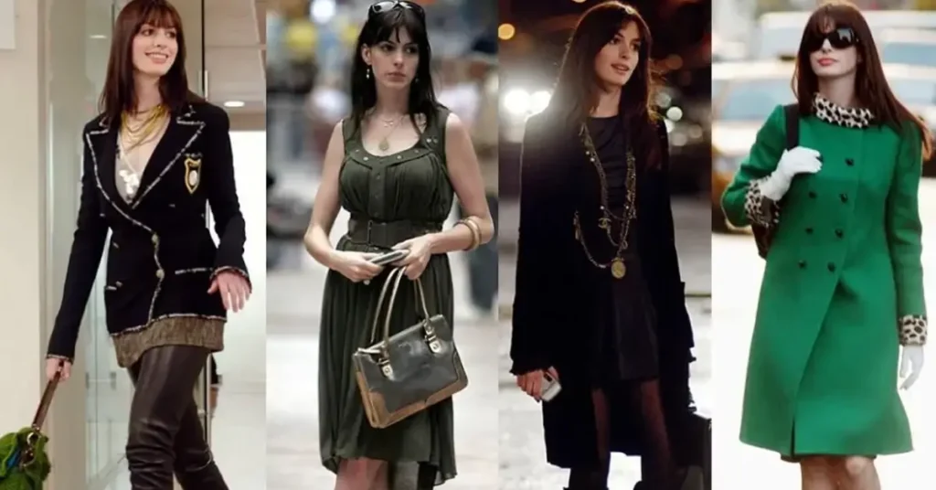 Figurinos de Andy Sachs criados por Patricia Field em O Diabo Veste Prada com looks de luxo de grandes grifes