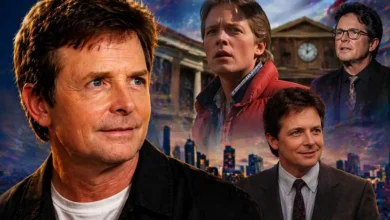 Montagem com diferentes fases de Michael J. Fox, ilustrando sua carreira e a história por trás de o que aconteceu com Michael J. Fox.