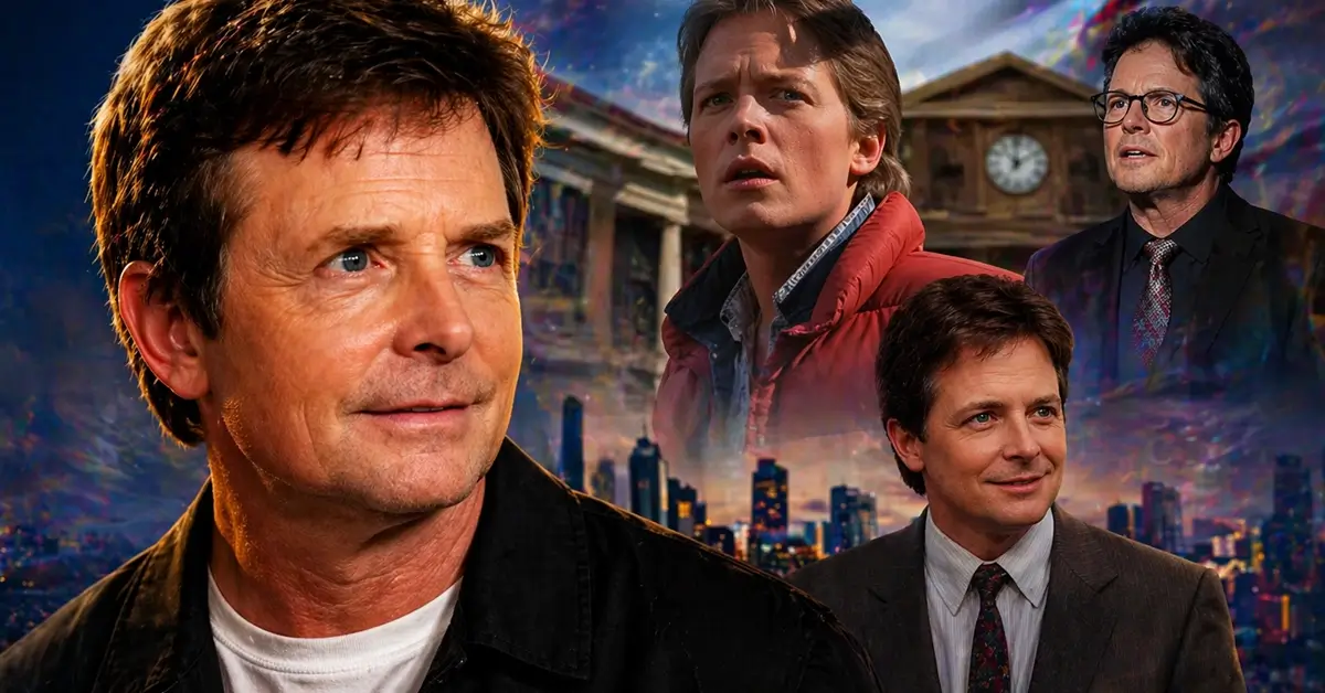 Montagem com diferentes fases de Michael J. Fox, ilustrando sua carreira e a história por trás de o que aconteceu com Michael J. Fox.