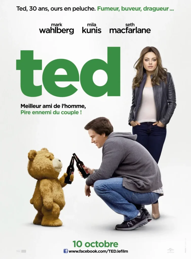 Pôster internacional de O Ursinho Ted com Mark Wahlberg brindando com Ted enquanto Mila Kunis aparece ao fundo