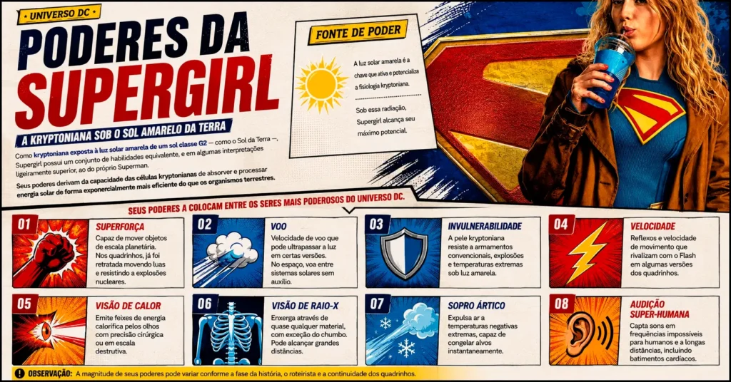 Infográfico em estilo quadrinhos destacando os poderes da Supergirl, com ilustrações inspiradas em HQs e descrição de habilidades kryptonianas sob o sol amarelo da Terra.