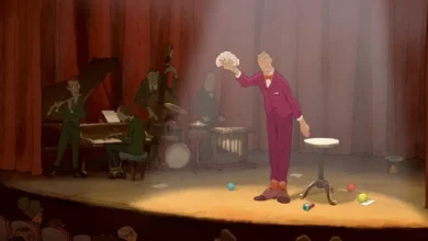 Mágico se apresentando em palco em cena da animação O Mágico (L’Illusionniste), destaque do trailer internacional