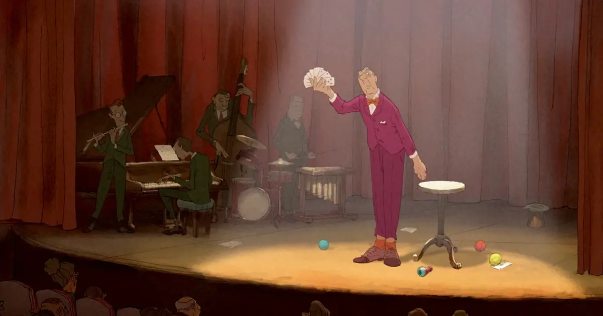 Mágico se apresentando em palco em cena da animação O Mágico (L’Illusionniste), destaque do trailer internacional