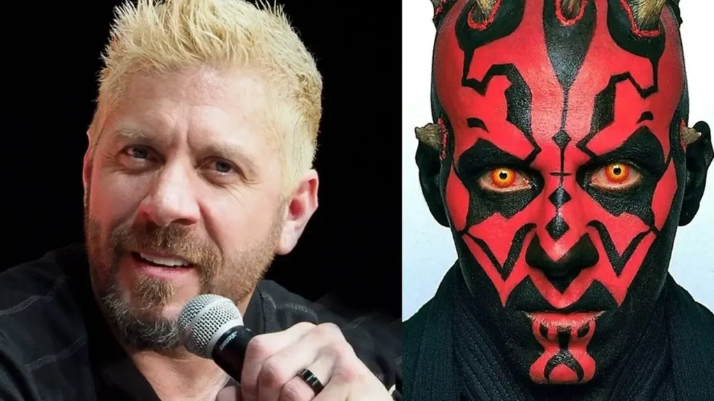 Ray Park ao lado de Darth Maul mostrando ator e personagem em Star Wars Episódio I A Ameaça Fantasma