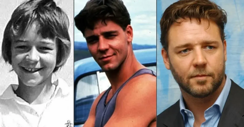 Evolução do ator Russell Crowe da infância à fase adulta, mostrando diferentes momentos de sua carreira no cinema