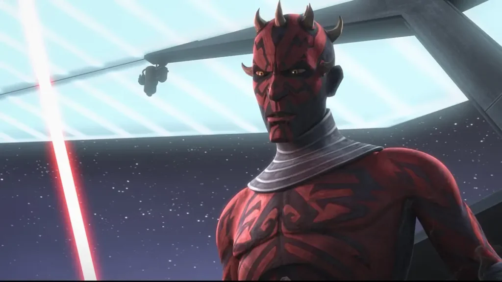 Darth Maul em Star Wars A Guerra dos Clones com sabre de luz vermelho na série animada