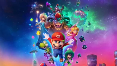 Bilheteria de Super Mario Galaxy: O Filme ilustrada no pôster com Mario, Peach, Bowser e Rosalina em cenário espacial colorido