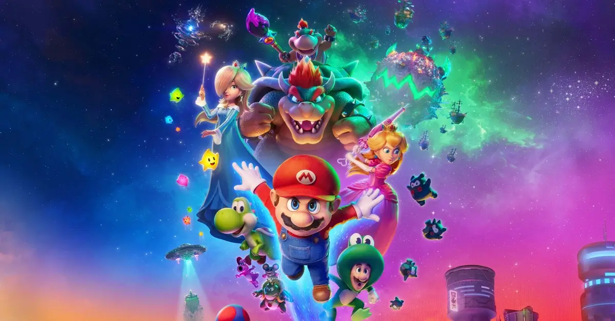 Bilheteria de Super Mario Galaxy: O Filme ilustrada no pôster com Mario, Peach, Bowser e Rosalina em cenário espacial colorido