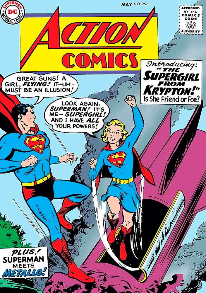 Capa de Action Comics #252 (1959), primeira aparição da Supergirl, com Kara Zor-El ao lado do Superman nos quadrinhos da DC Comics