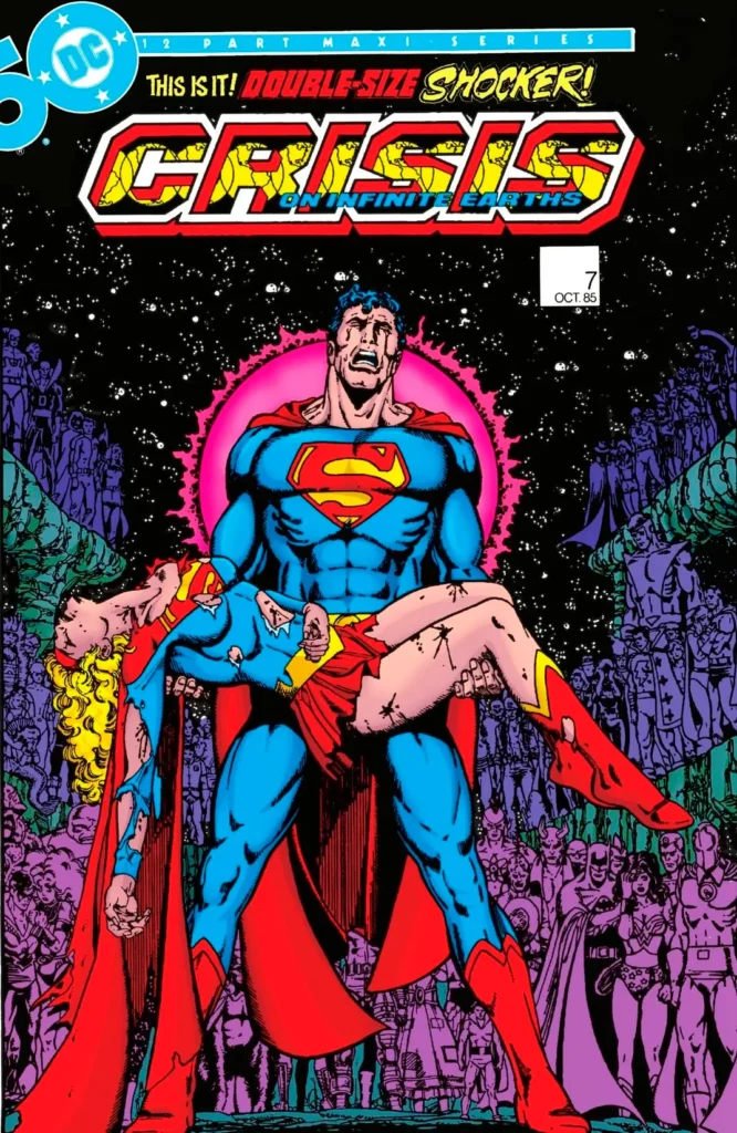 Supergirl morta nos braços do Superman em Crisis on Infinite Earths #7 (1985), uma das cenas mais icônicas da DC Comics