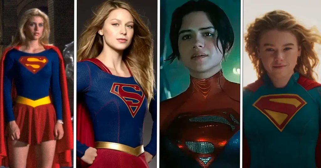 Evolução da Supergirl no cinema e na televisão com Helen Slater, Melissa Benoist, Sasha Calle e Milly Alcock em diferentes versões da personagem